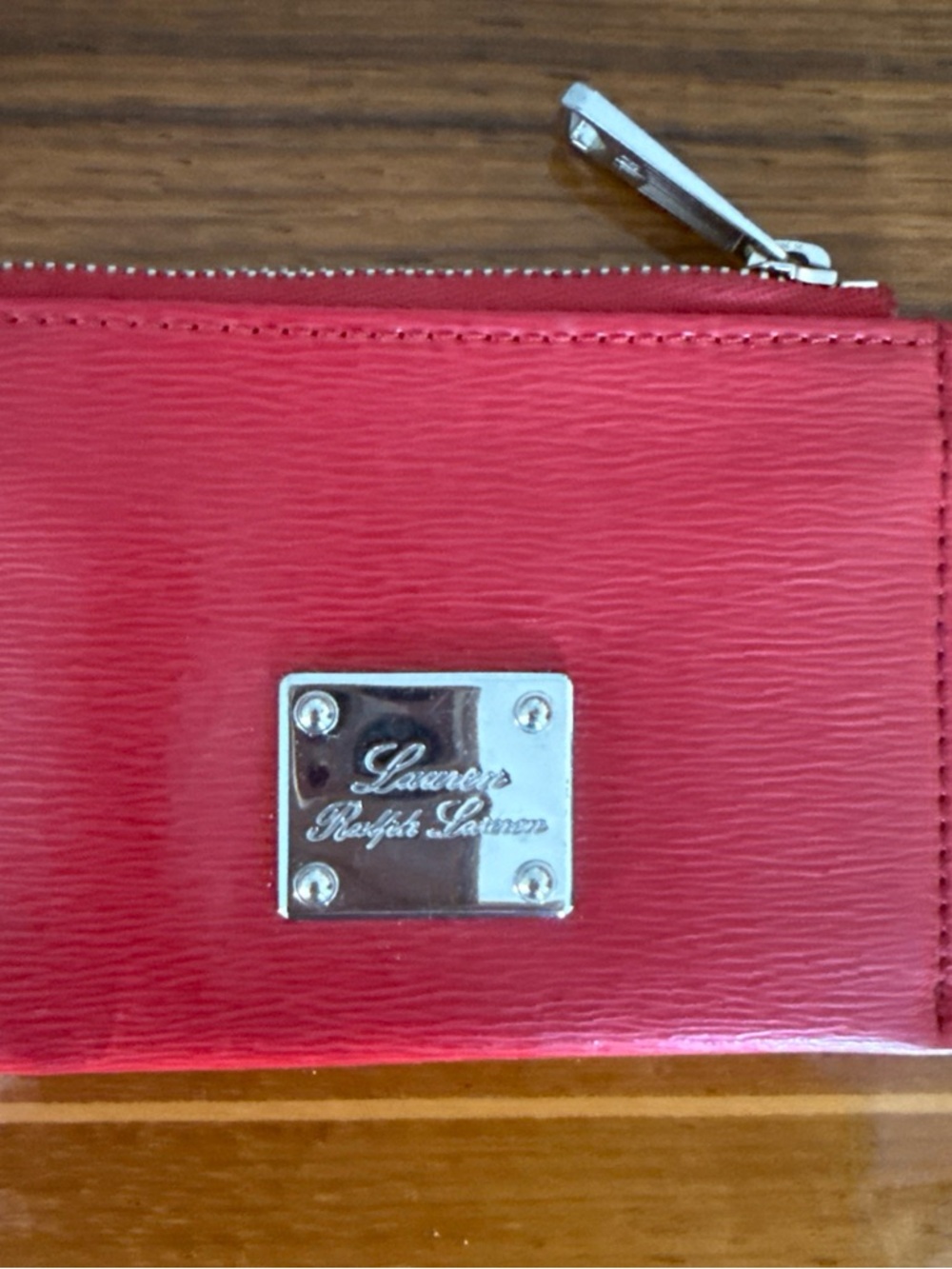 Lauren Ralph Lauren Red Slim Zip Card Wallet with Metal Logo Plate